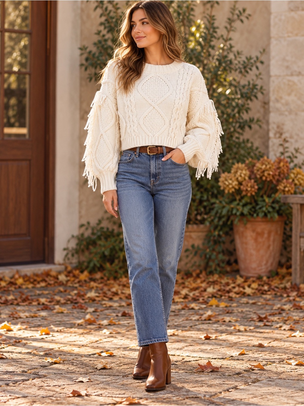 Line & Dot Ivory Cable Knit Fringe Sleeve Cropped Sweater Size Xs Western Cozy